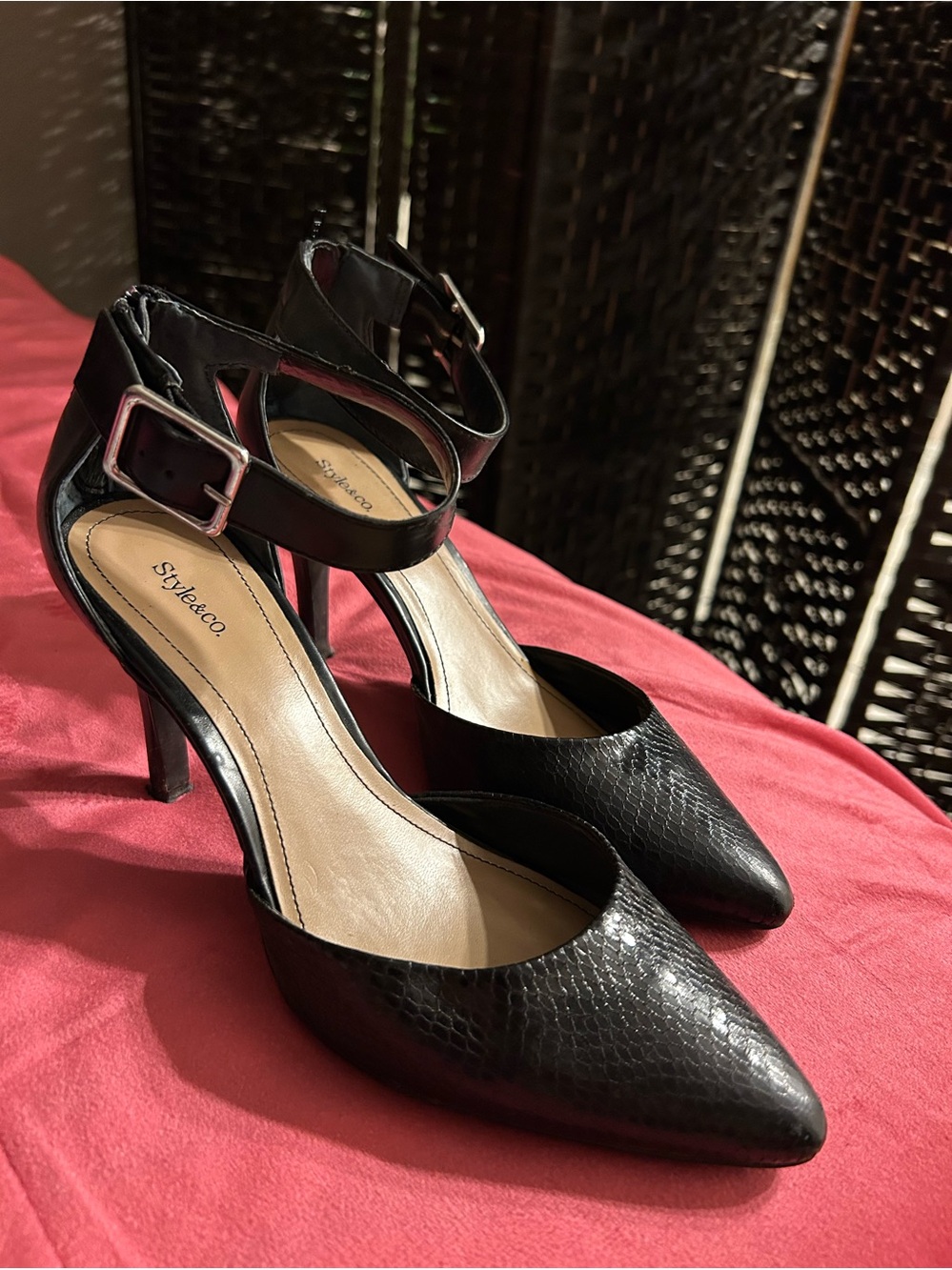 Style & Co. Black Textured Pointed Toe Ankle-Strap Heels